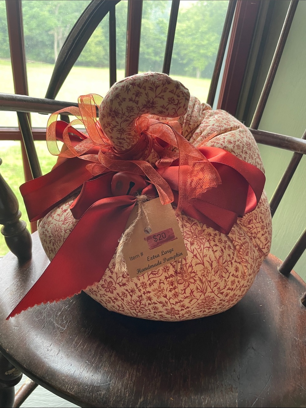 Handmade Rust Floral Fabric Pumpkin with Bow